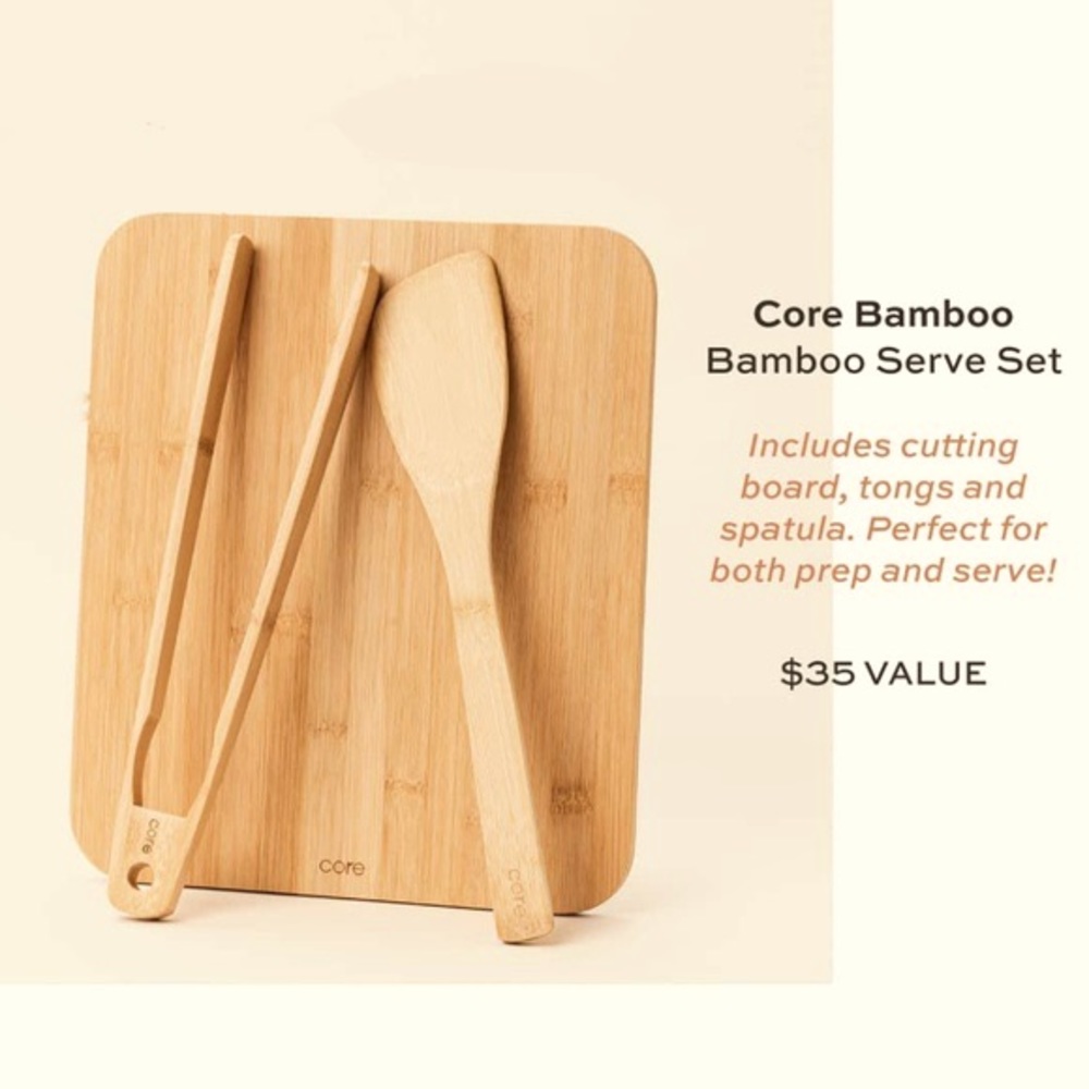 Core Bamboo Serve Set: Cutting Board Tongs Spatula